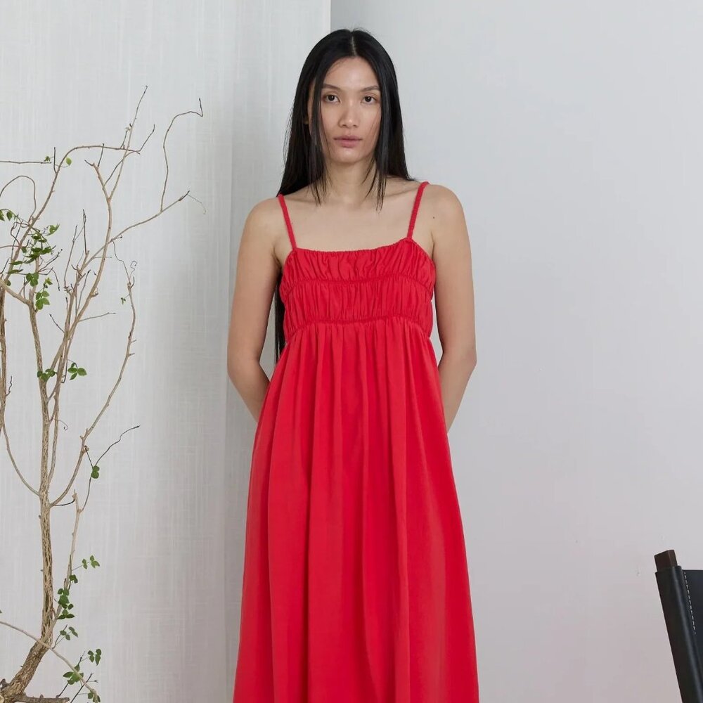 NTW Tomato-Red All:Row Smocked Strappy Sleeveless Dress, size Large